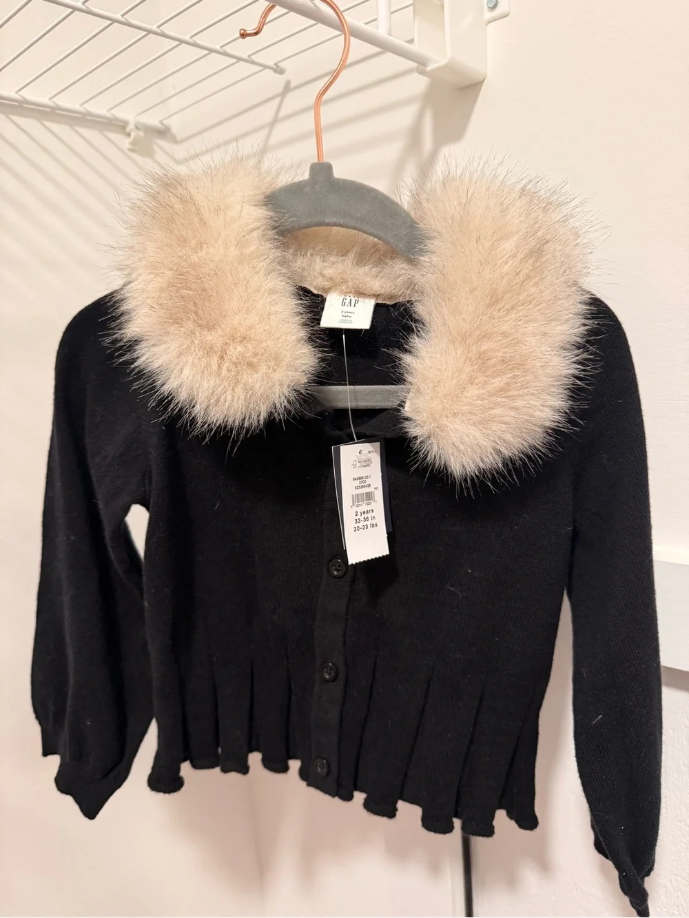 GAP Black Cardigan with Cream Faux-Fur Collar